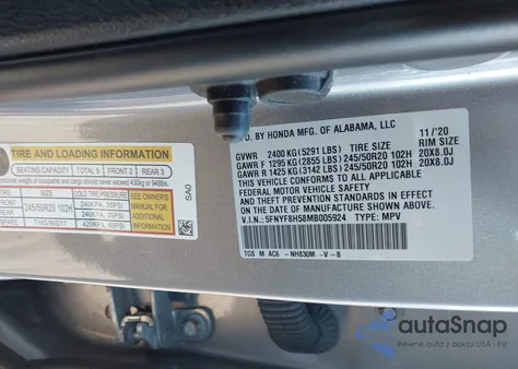 2021 Honda Passport Awd Ex-L z USA, uszkodzony, nr VIN 5FNYF8H58MB005924